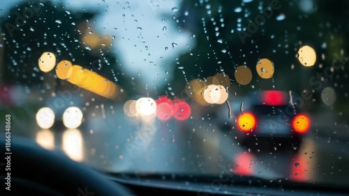 Rainy city drive with blurred traffic lights