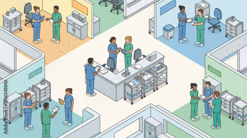 Isometric illustration of diverse medical staff collaborating in a modern hospital setting for healthcare presentations and digital marketing