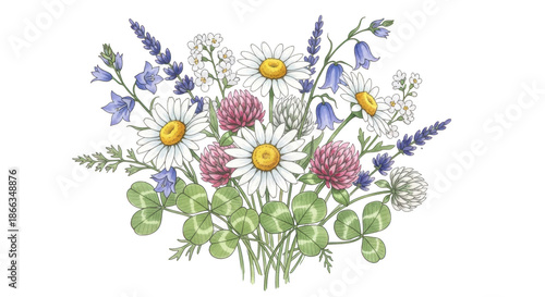 Watercolor illustration of a bouquet of wildflowers including daisies clover and lavender daisy