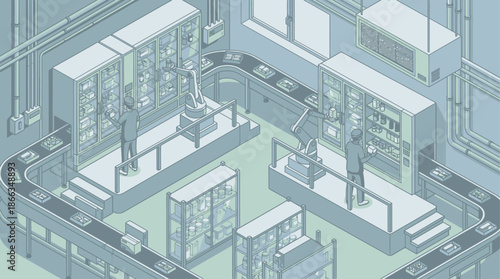 Isometric Automated Production Line with Robotic Arms and Human Worker in Factory - Vector Illustration for Manufacturing, Innovation, and Technology