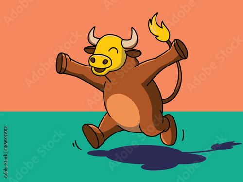 Cartoon bull running cheerfully illustration in bright colors fun character design for children's book animation happy animal mascot running playfully through colorful landscape background design for