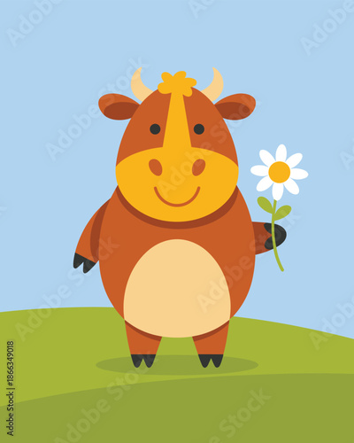 Cute cartoon cow holding daisy flower on green grass field cheerful farm animal character illustration for children's books educational materials spring summer designs happy nature rural countryside c