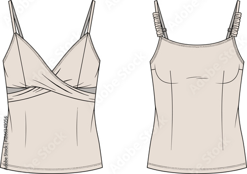 Women camisole top technical flat sketch, spaghetti strap sleeveless apparel illustration, feminine fashion design, front and back view