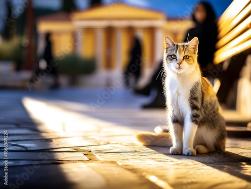 Calico cat sitting on a stone path in golden sunset light with blurred Mediterranean architecture background, stray cats