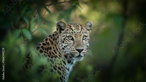 Majestic leopard emerges from lush green forest with piercing gaze and striking spots