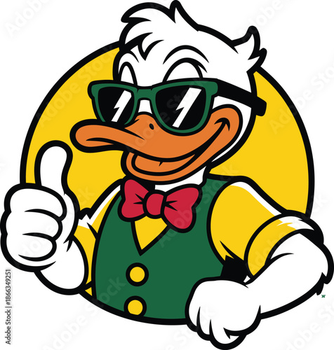 Cool cartoon duck wearing sunglasses and giving thumbs up
