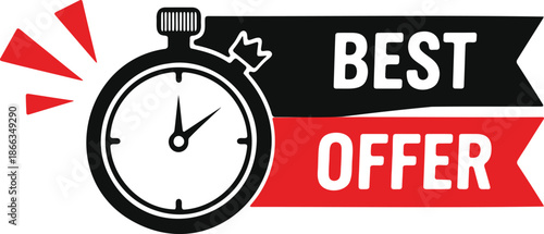 Stopwatch with offer banner in red and black colors clock time