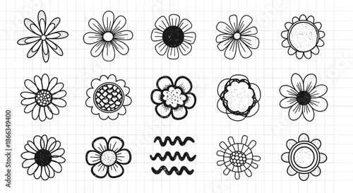 Collection of various simple flower doodles with different petal shapes and centers arranged in a grid for playful floral patterns.