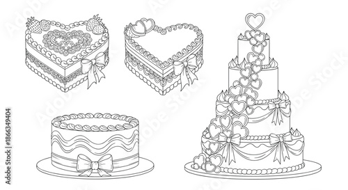 Detailed line art sketches of heart shaped cakes and a tiered wedding cake decorated with intricate ribbons flowers and patterns.