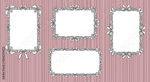 Set of four rectangular frames with dense decorative borders made of ribbons and bows on a pink and white striped background.