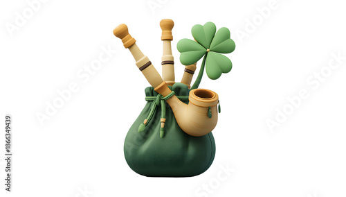 Irish bagpipes and a four leaf clover in a rustic green bag