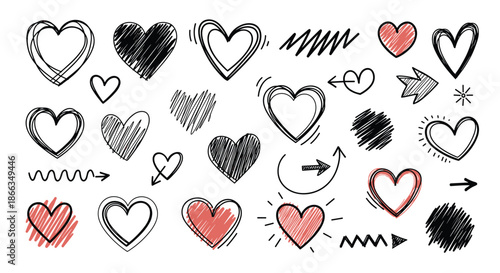 Diverse collection of hand-drawn heart shapes and arrows in various styles and sizes using classic black and red ink.