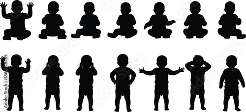 Baby, Child, Infant, Silhouette, Kid, Toddler, Cute, Human, Pose, Standing, Sitting, Black, Vector, Icon, Set, Collection, Isolated, Minimal, Family, Graphic