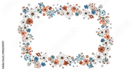 Decorative rectangular frame composed of various small colorful spring flowers and blossoms on a plain white background.