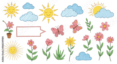 Set of hand-drawn nature icons including smiling suns, clouds, flowers, butterflies, and a single potted plant in soft colors.