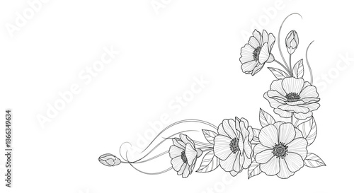 Delicate corner floral arrangement featuring hand-drawn flowers, leaves, and swirling decorative lines on a white space.