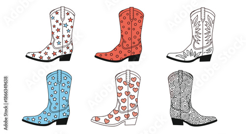 Set of six cowboy boots in different colors and patterns including stars, polka dots, hearts, and decorative swirls.
