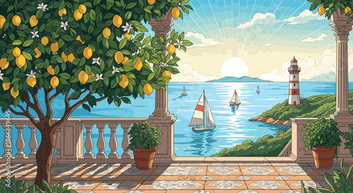 Scenic view from a balcony with lemon trees, classic columns, and sailboats on a calm sea during a bright sunrise.