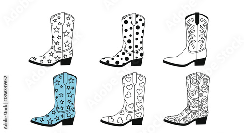 Six black and white outlines of cowboy boots featuring different patterns such as stars, hearts, and decorative dots.