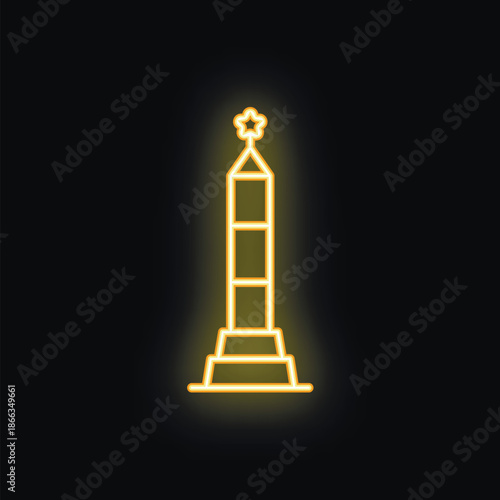Yellow neon icon of monument to the conquerors of space, a giant obelisk in moscow, russia