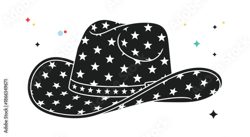 Silhouetted black cowboy hat covered in white star patterns and surrounded by many small colorful star icons on white.
