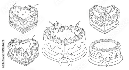 Collection of five heart-shaped and round cakes with rich decorations like sweet strawberries and fresh red cherries.