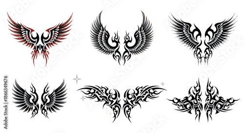 Six pairs of detailed black tribal wings and flame-like patterns with sharp, intricate details on a white surface.