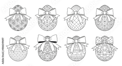 Eight patterned Easter eggs decorated with intricate designs and tied with large decorative ribbons and pink bows.