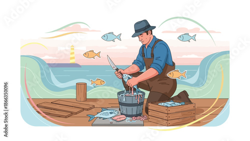 Fisherman prepares fresh catch on a wooden dock by the sea.