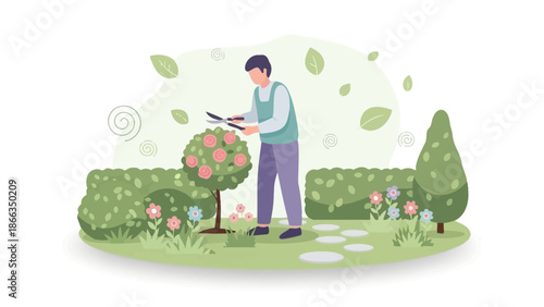Man Pruning Rose Bush in Home Garden