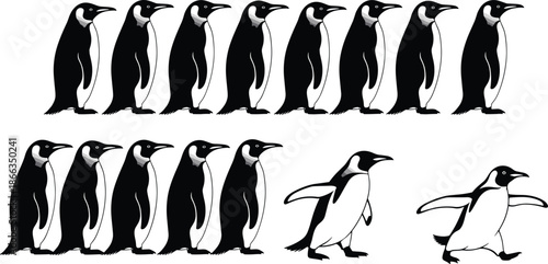 Penguin silhouettes set walking standing antarctic birds wildlife animal icons black white vector illustration isolated background