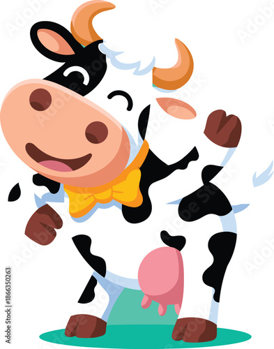 Cute cartoon cow character waving hello with yellow bow tie happy farm animal mascot illustration for children's book agriculture advertising dairy product packaging design funny cheerful character on
