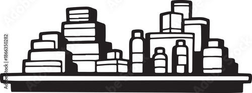 Black and white illustration of stacked boxes and bottles