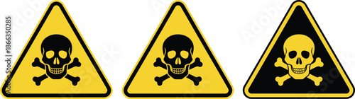 Lethal danger and poison warning sign set featuring yellow and black triangular symbols with skull and crossbones silhouettes for chemical safety and hazardous material identification