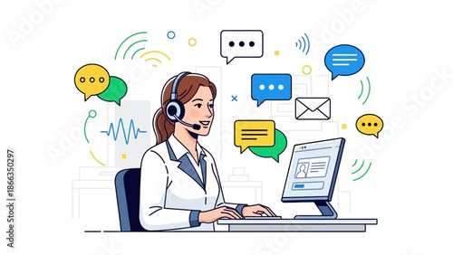 Friendly customer service representative providing online support.