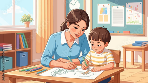 Early childhood education: Teacher and student drawing together in a bright classroom.