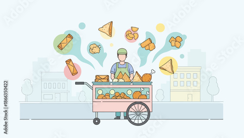 An Indian street food vendor stands with his cart in a modern city illustration.