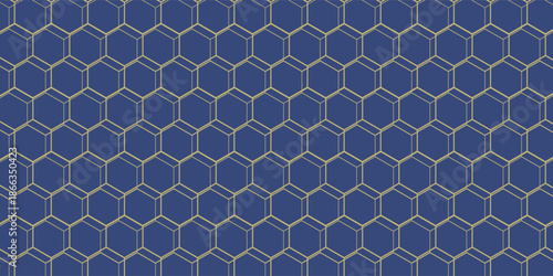 Geometric fine abstract hexagonal background. Seamless modern pattern. Blue and golden pattern