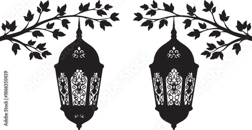 Islamic ramadan elements silhouette lanterns isolated on transparent background