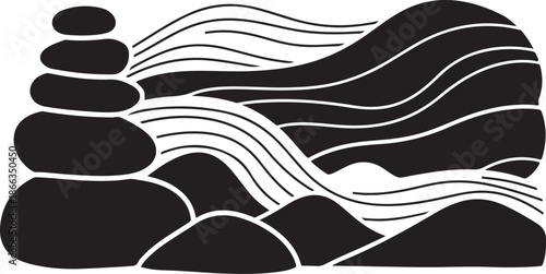 Black and White Zen Stone River Landscape Illustration