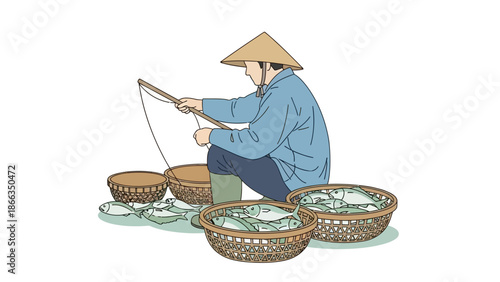 Fisherman with baskets full of fish, wearing a conical hat.