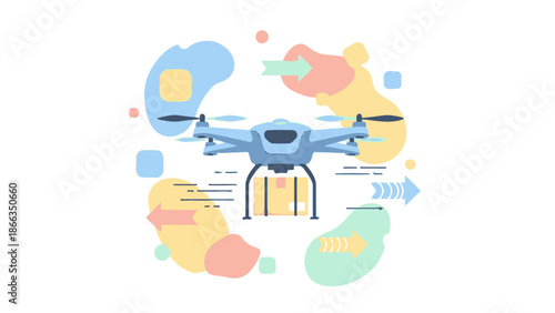 Drone delivering a package with abstract shapes and arrows.