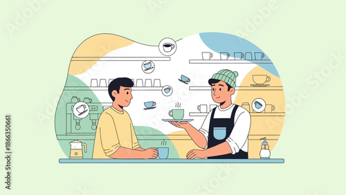 Barista serving coffee to a customer in a modern cafe.