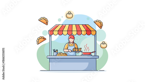 Street food vendor serving dumplings at a colorful stall