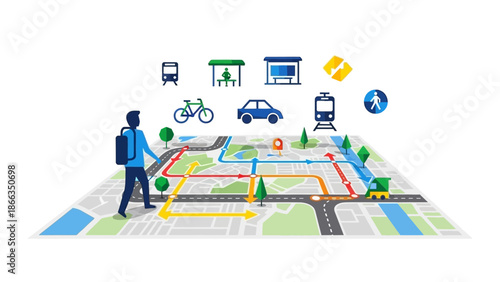Man planning a travel route on a city map with various transportation options.