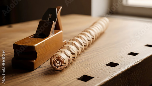 Wooden hand plane and wood shavings on a workbench tools for carpentry