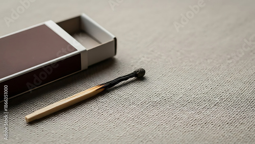 An open matchbox with a single burnt match lying nearby on fabric
