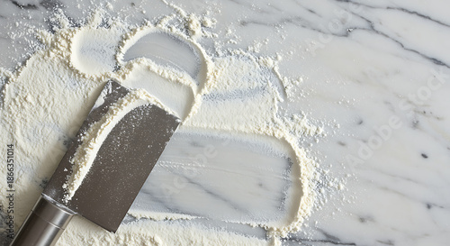 A heart shape cut into flour with a knife on marble surface
