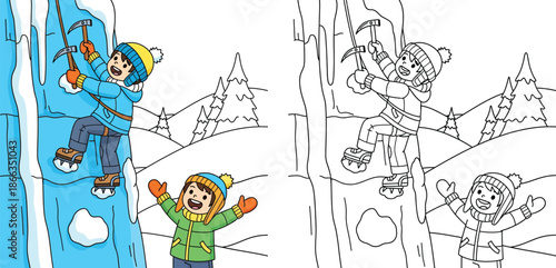 Happy Cartoon Kids Ice Climbing - Cheerful Winter Mountain Adventure
