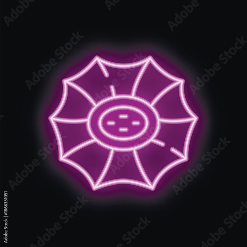 Bright purple neon flower icon glowing on a dark background